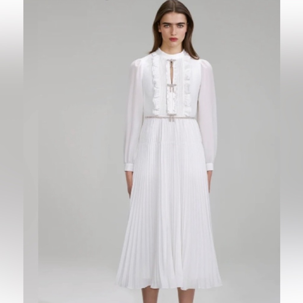 Self Portrait Ivory Midi bib ruffled embellished gown long sleeves size US4 NWT